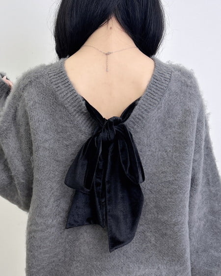 INGNI（イング） バックベロアリボンシャギーチュニックニット ﾁｬｺｰﾙｸﾞﾚｰ