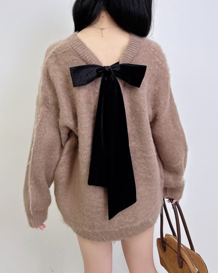 バックベロアリボンシャギーチュニックニット