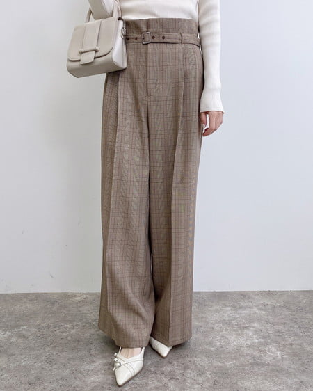 共ベルト付きグレンチェックワイドパンツ