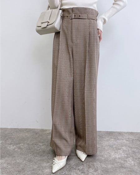 INGNI(イング) 共ベルト付きグレンチェックワイドパンツ ブラウン/グレンチェック