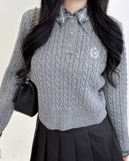 ダブルカラーチェック柄シャツドッキングポロニット