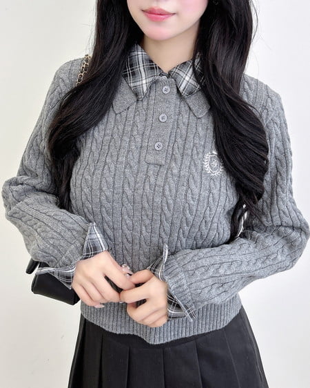 INGNI（イング） ダブルカラーチェック柄シャツドッキングポロニット ｸﾞﾚｰ/ｸﾛ