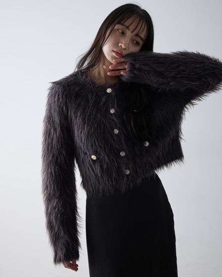 INGNI(イング) ショート丈金ボタンシャギーニットカーディガン チャコールグレー