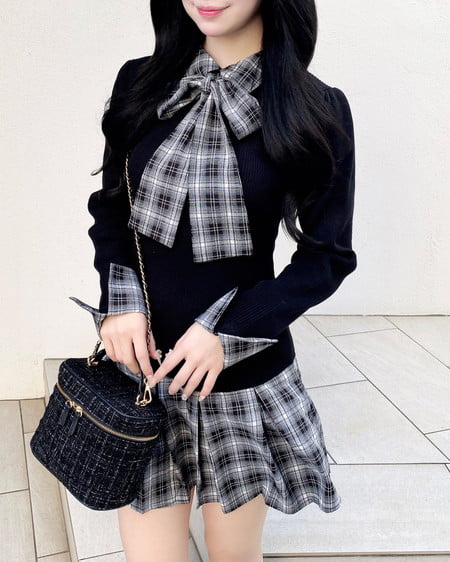 INGNI（イング） チェック柄ボウタイシャツドッキングニットワンピース ｸﾛ/ｸﾛ