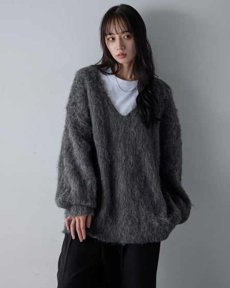 INGNI（イング） ミックスシャギーVネックニット ﾁｬｺｰﾙｸﾞﾚｰ