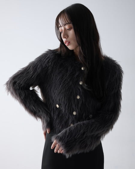 INGNI(イング) ショート丈金ボタンシャギーニットカーディガン チャコールグレー