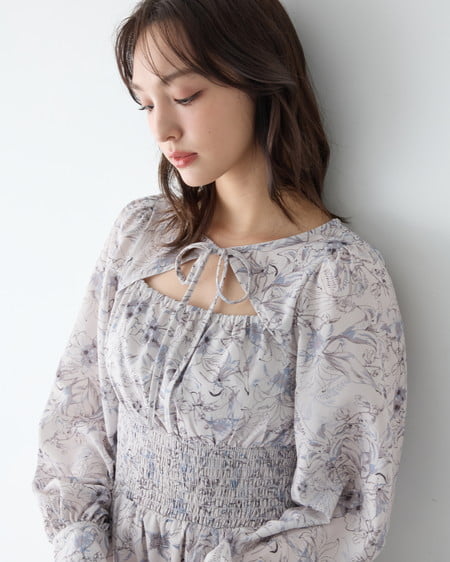 INGNI（イング） デコルテオープン花柄ワンピース ｸﾞﾚｰ