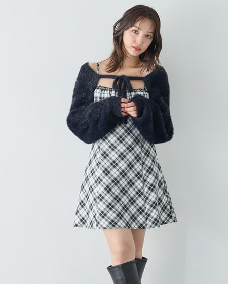 INGNI（イング） フェザーボレロニット＋チェック柄ミニキャミワンピースセット ｸﾛ/ｸﾛﾁｪｯｸ