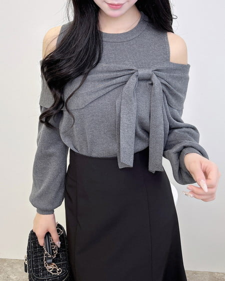 INGNI（イング） 肩開きリボンニット ﾁｬｺｰﾙｸﾞﾚｰ