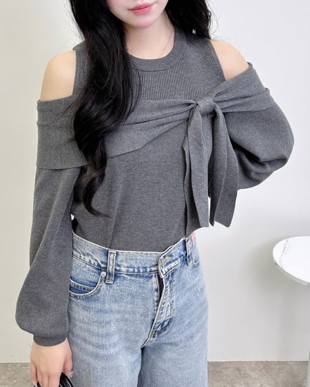 INGNI（イング） 肩開きリボンニット ﾁｬｺｰﾙｸﾞﾚｰ