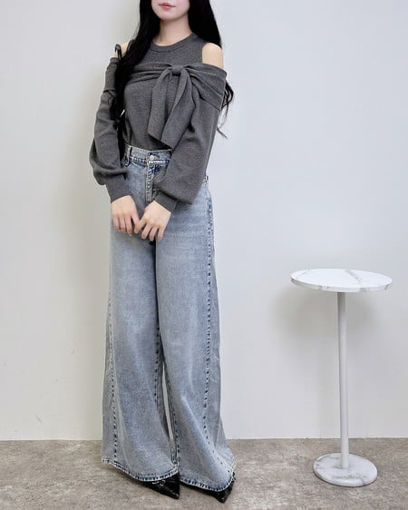 INGNI（イング） 肩開きリボンニット ﾁｬｺｰﾙｸﾞﾚｰ