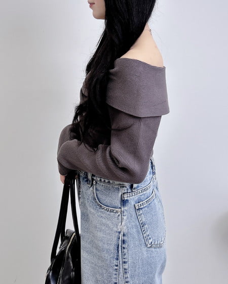 INGNI（イング） フロントツイストオフショルニット ﾁｬｺｰﾙｸﾞﾚｰ