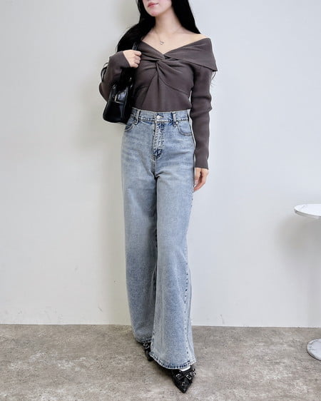 INGNI（イング） フロントツイストオフショルニット ﾁｬｺｰﾙｸﾞﾚｰ