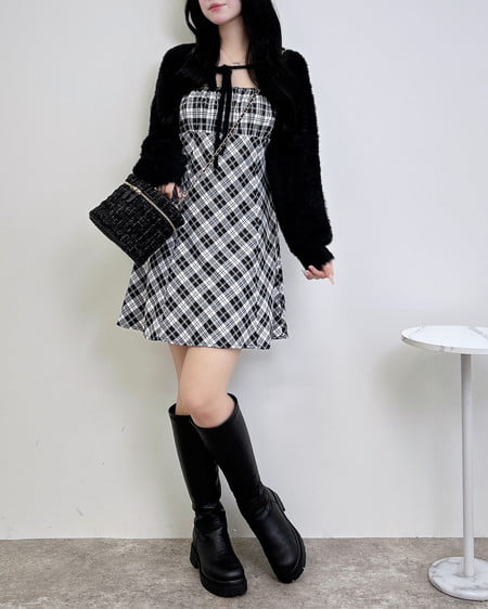 INGNI（イング） フェザーボレロニット＋チェック柄ミニキャミワンピースセット ｸﾛ/ｸﾛﾁｪｯｸ