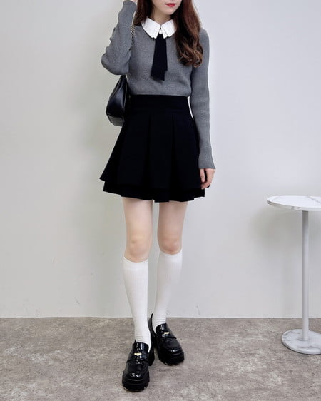INGNI（イング） 襟付ボウタイニット ﾁｬｺｰﾙｸﾞﾚｰ