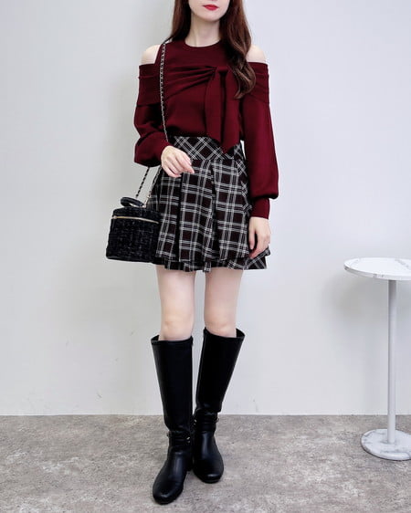 INGNI（イング） バックレースアップチェック柄タックフレアスカート ﾌﾞﾗｳﾝ/ﾁｪｯｸ