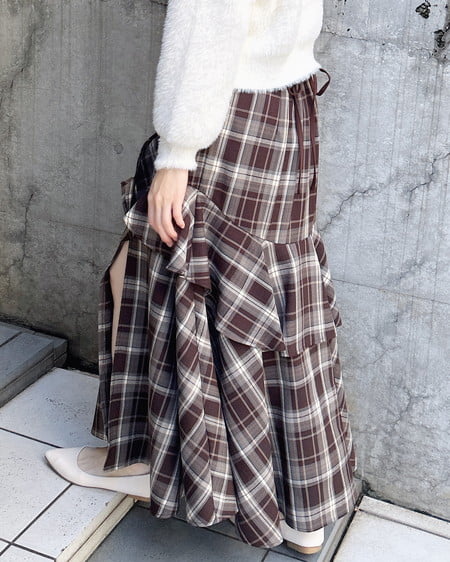 INGNI（イング） チェック柄バックレースアップアシメスリットスカート ﾌﾞﾗｳﾝ/ﾁｪｯｸ