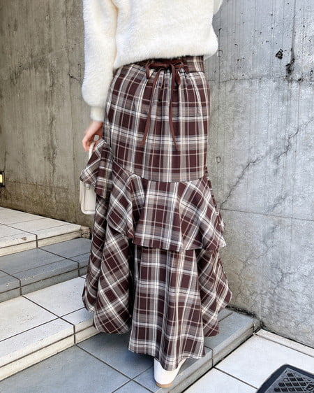 INGNI（イング） チェック柄バックレースアップアシメスリットスカート ﾌﾞﾗｳﾝ/ﾁｪｯｸ