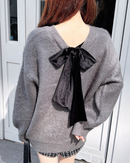 INGNI（イング） バックベロアリボンシャギーチュニックニット ﾁｬｺｰﾙｸﾞﾚｰ