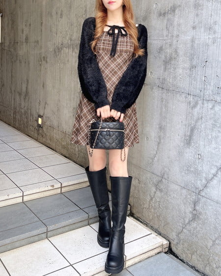 INGNI（イング） フェザーボレロニット＋チェック柄ミニキャミワンピースセット ｸﾛ/ﾌﾞﾗｳﾝﾁｪｯｸ