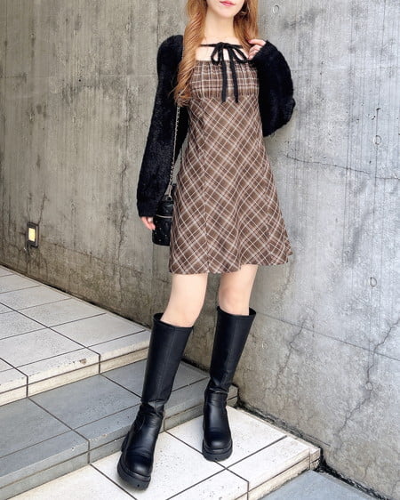 INGNI（イング） フェザーボレロニット＋チェック柄ミニキャミワンピースセット ｸﾛ/ﾌﾞﾗｳﾝﾁｪｯｸ