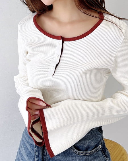 INGNI（イング） バイカラーヘンリーネックフレアスリーブニット ﾍﾞｰｼﾞｭ/ｱｶ