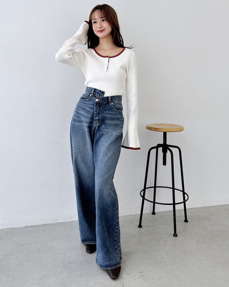 INGNI(イング) ウエストデザインワイドデニムパンツ/B デニム/ブルー