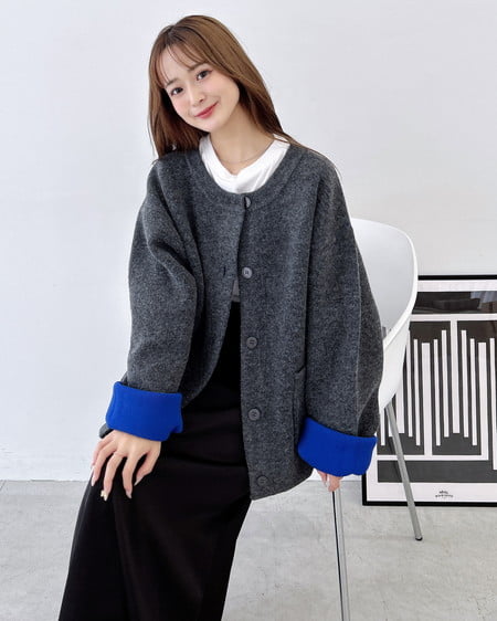 INGNI（イング） バイカラーニットカーディガン ﾁｬｺｰﾙｸﾞﾚｰ/ﾌﾞﾙｰ