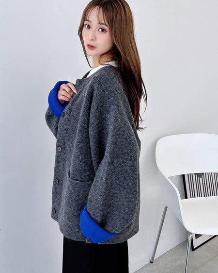 INGNI（イング） バイカラーニットカーディガン ﾁｬｺｰﾙｸﾞﾚｰ/ﾌﾞﾙｰ