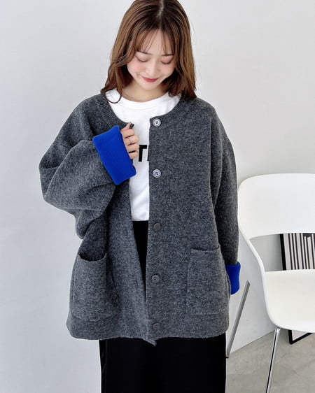 INGNI（イング） バイカラーニットカーディガン ﾁｬｺｰﾙｸﾞﾚｰ/ﾌﾞﾙｰ