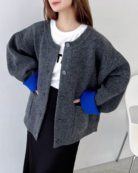 INGNI（イング） バイカラーニットカーディガン ﾁｬｺｰﾙｸﾞﾚｰ/ﾌﾞﾙｰ