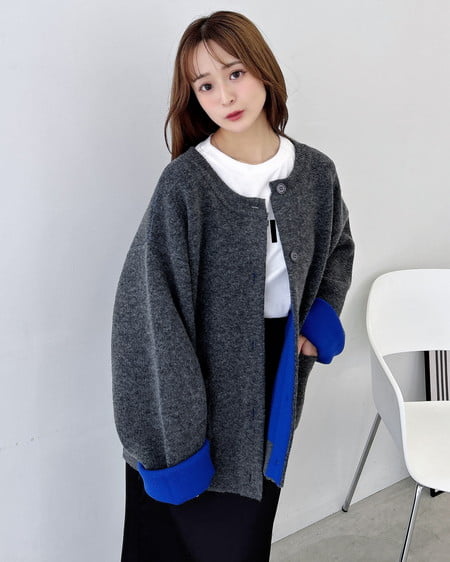 INGNI（イング） バイカラーニットカーディガン ﾁｬｺｰﾙｸﾞﾚｰ/ﾌﾞﾙｰ