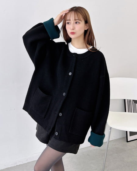 INGNI（イング） バイカラーニットカーディガン ｸﾛ/ｸﾞﾘｰﾝ