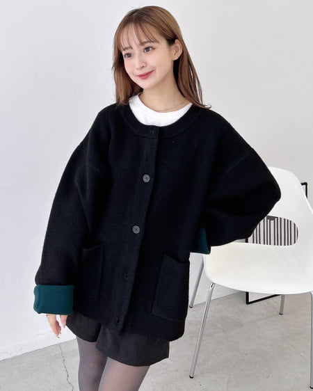 INGNI（イング） バイカラーニットカーディガン ｸﾛ/ｸﾞﾘｰﾝ