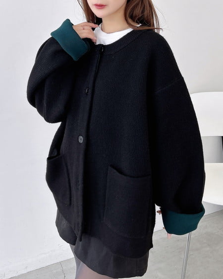 INGNI（イング） バイカラーニットカーディガン ｸﾛ/ｸﾞﾘｰﾝ