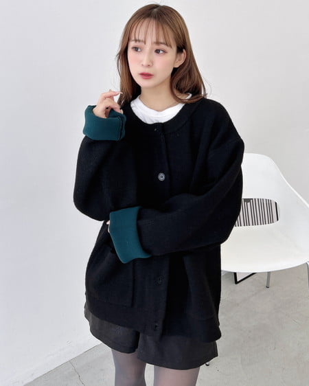 INGNI（イング） バイカラーニットカーディガン ｸﾛ/ｸﾞﾘｰﾝ