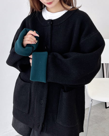 INGNI（イング） バイカラーニットカーディガン ｸﾛ/ｸﾞﾘｰﾝ