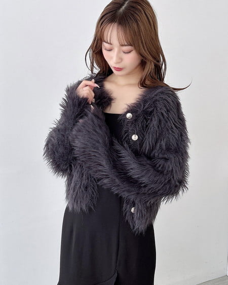 INGNI(イング) ショート丈金ボタンシャギーニットカーディガン チャコールグレー