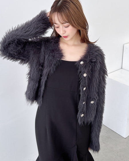 INGNI(イング) ショート丈金ボタンシャギーニットカーディガン チャコールグレー