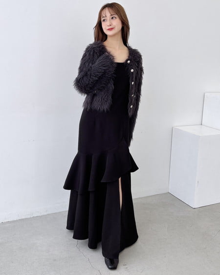 INGNI(イング) ショート丈金ボタンシャギーニットカーディガン チャコールグレー