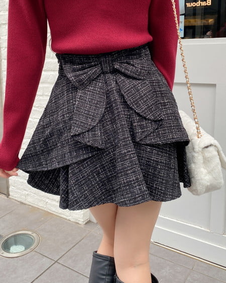 INGNI(イング) バックリボンツイードフレアスカパン クロ/ツイード