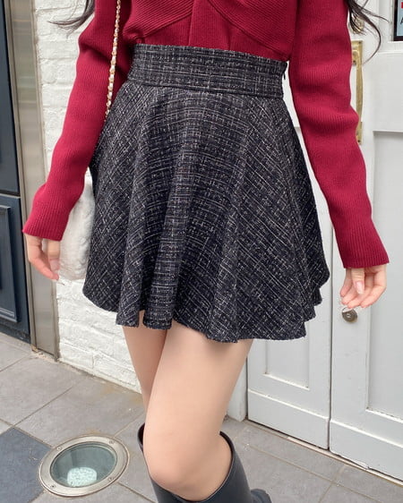 INGNI(イング) バックリボンツイードフレアスカパン クロ/ツイード