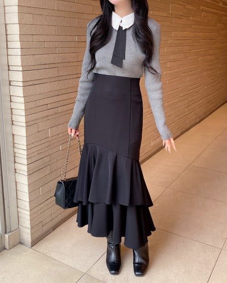 INGNI（イング） 襟付ボウタイニット ﾁｬｺｰﾙｸﾞﾚｰ