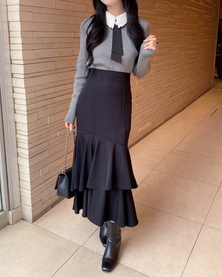 INGNI（イング） 襟付ボウタイニット ﾁｬｺｰﾙｸﾞﾚｰ