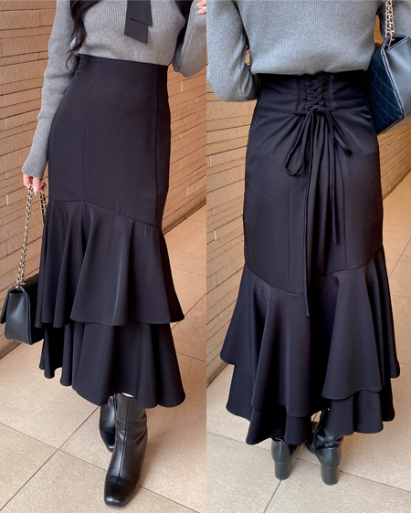 バックレースアップアシメティアードスカート