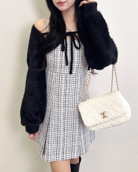 バックレースアップツイードミニキャミワンピース