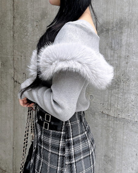 INGNI(イング) フェイクファー付ケープオフショルニット グレー