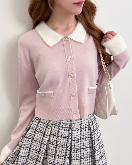 INGNI(イング) フェザー襟配色ニットカーディガン ピンク/オフホワイト