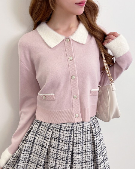 フェザー襟配色ニットカーディガン