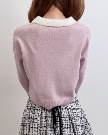 INGNI(イング) フェザー襟配色ニットカーディガン ピンク/オフホワイト